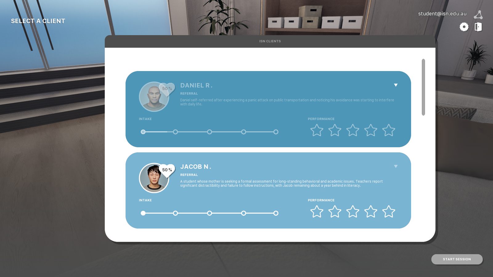 The VIC client roster: each client's referral, therapy-stage progress and performance rating