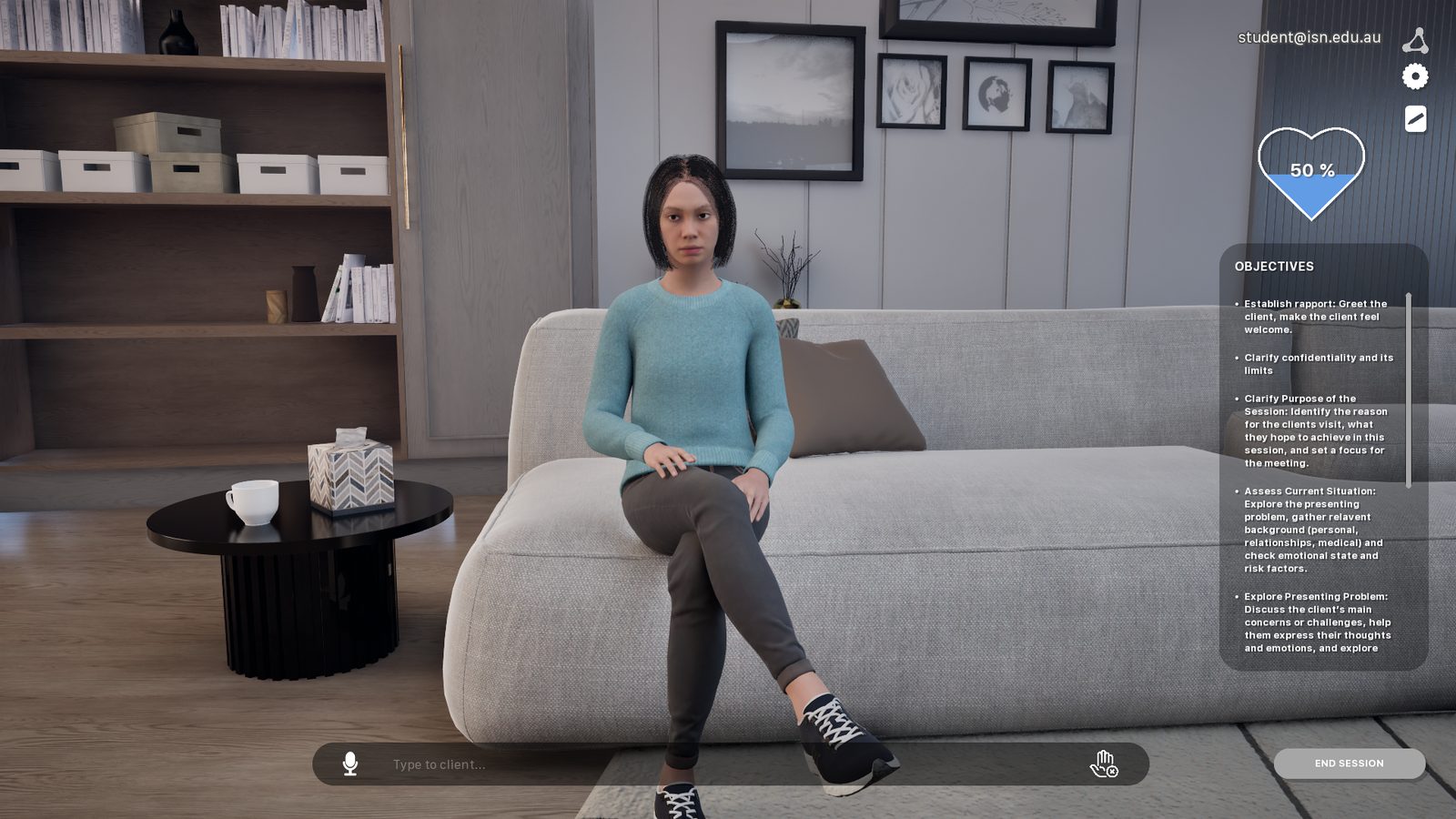 A live VIC therapy session: a virtual client on the couch with session objectives and rapport tracking